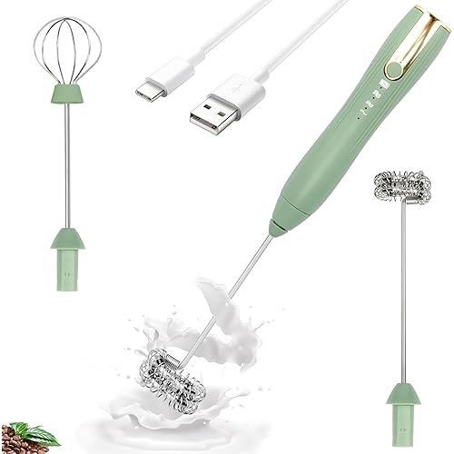 TonJin Double Whisk Milk Frother Handheld USB-C Rechargeable Electric Drink Mixer Green,3 Speeds Adjustable Coffee Foamer Dri
