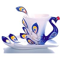 DragonOne 孔雀 コーヒーカップ 3点セット 優雅 上品 お洒落 ティータイム プレゼント に (ブルー)
