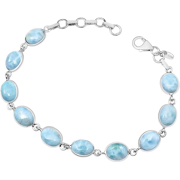MDFUN Natural Larimar Ring for Women 925 Sterling Silver 7 * 9mm