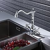 Interlink キッチン用混合栓 シングルレバー ダブルハンドル クラシック 真鍮 台付 蛇口 水道 取り付けホース付き オシャレ 2年品質保証