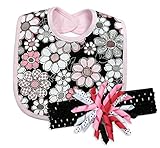 Stephan Baby Bib and Curly Bow Headband Gift Set, Black and Pink Vintage Petal by Stephan Baby