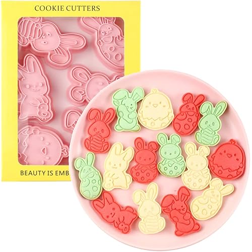 MayeBridge 6 Pieces Cute Easter Rabbit Cookie Moulds, Plastic, 6.5 x 0.9 x 8.26 inches, 10.1 Cups, Pink