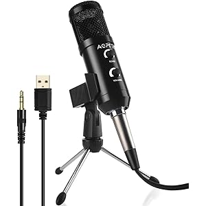 コンデンサーマイク AGPTEK USBマイク PC用マイク スタンド付き 単一指向性 エコー/音量調節可 録音/カラオ…