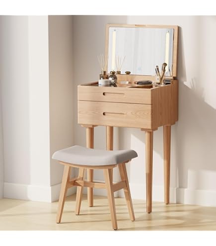 Amazon｜北欧風 木製 簡易ドレッサーセット 椅子＆LEDライト付き 三面