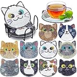 Vukayoダイヤモンドアート コースター キット 刺繍キット ビーズアート ダイアモンドアート セット DIYダイヤモンドペインティング 5Dダイヤモンド塗装キット ホルダー付き コースター 手芸キット 初心者、大人、子供用 人気 手作り アートクラフト用品 ZSHBD-02 (10pcs, 猫)