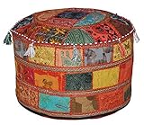 IndianリビングルームスツールPouf、足、ラウンドOttomanカバーPouf、従来のハンドメイド装飾パッチワークオットマンカバー、インドのホーム装飾コットンクッションオットマンカバー22 x 