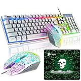 ゲーミングキーボード マウス セット 高耐久 RGB 多種ライトモード USB有線 防水多機能 マルチメディアキー 2400DPI調整 6つのボタンマウス パッド付き PS4、switchスイッチ、任天堂対応でき (white)
