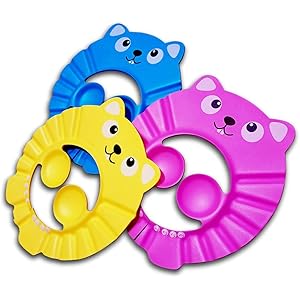 子供用シャンプーキャップ、多機能、調整可能なサイズ、かわいい動物の形、イヤークッション付き、ベビーシャワー製品(黄色1つ、青1つ、ピンク1つ)