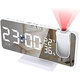 置き時計 デジタル LED大画面【 投影/FM ラジオ機能/ミラー】4段/自動輝度調節 0-15級音量調節可能 温度・湿度表示 2組アラーム ベル設置可能 USB充電 おしゃれ 家庭用 部屋 オフィス 日本語説明書付き (プロジェクター 時計・ホワイ