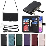 Eastwave アイフォンfor iPhone 11 ケース for iPhone11 縄掛けケース 手帳型 財布型 ICカード コインポケット ストラップ付き カード 収納 小銭入れ ファスナーポケット付き PUレザー 6色 ブラック
