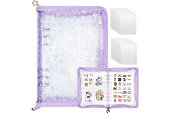 シール 手帳 透明 大きめ A5 収納バインダー 星柄シールバインダー女の子 はがせる ステッカー収納アルバム 収集・整理・展示に 詰め替え可能 シール収納 透明スリーブ20枚 付き-パープル [並行輸入品]