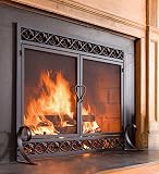 小さなCast Iron Scrollwork Fire Screen withドア ブラック 13400BK