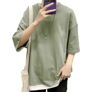 [Sposee] Tシャツ カットソー トップス レイヤード風 重ね着 ビックシルエット 5分袖 ゆったり M 〜 XL メンズ