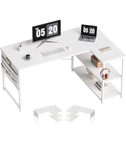 Amazon | KJUUJE【ホワイト】パソコンデスク L字 120cm 2段ラック付