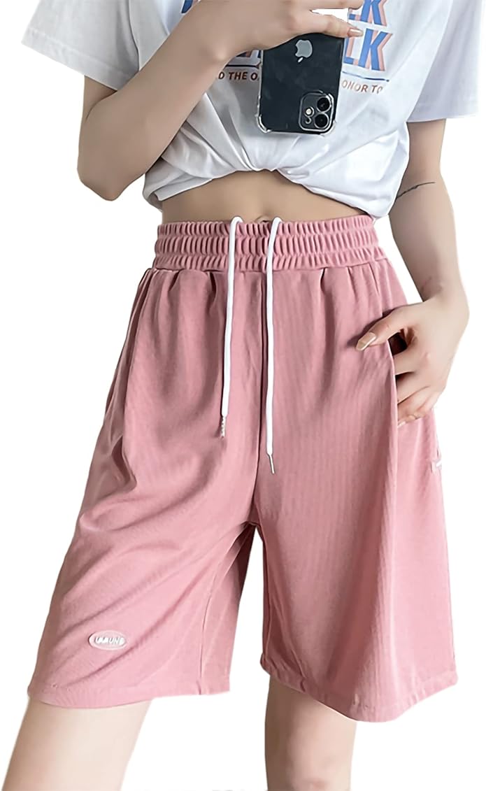 Amazon Co Jp Laisveハーフパンツ 涼しい レディース ショートパンツ スウェット ルームウェア ボトムス 部屋着 夏 ジャージ 吸汗速乾通気性 安心感広いゴム ドロスト付き フィットネス ピンク可愛い Clothing Shoes Jewelry