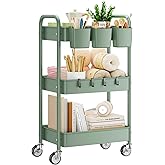 YASONIC 3-Tier Rolling Cart, Green, 66 Pounds Capacity, Mesh Storage Organizer with Lockable Wheels, 3 Hanging Cups, 4 Hooks,