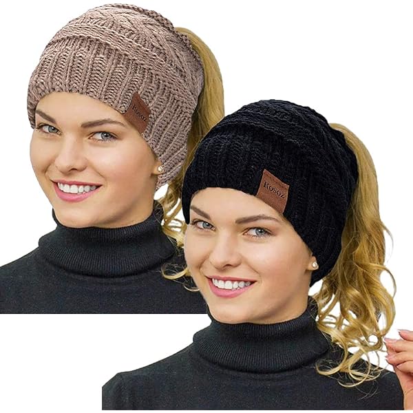 Rosoz Ponytail Beanie For Women - Warm Cable Knit Hat With Bun Hole, Stretch Fit