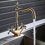 キッチン蛇口　キッチン水栓　キッチン用混合栓 ダブルハンドル クラシック 真鍮 台付 蛇口 水道 取り付けホース付き オシャレ 2年品質保証