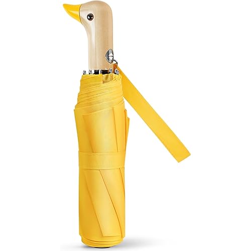 Natuquebrela Cute Duck Umbrella Automatic - Compact Pretty Pocket Size Strong Duck Collapsible Umbrella Yellow Wooden Handle 