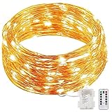 イルミネーション LED ライト ワイヤーライト 電飾 電池 式 クリスマス ツリー 飾り　MANATSULIFE (10M(100LED)リモコン付き, ウォームホワイト)