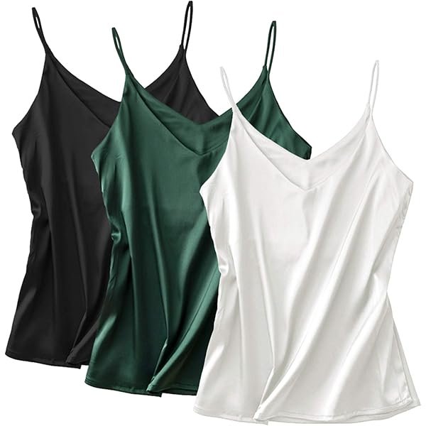 Miqieer 3-Pack Women's Silk Tank Tops | V-Neck Camisole, Soft Satin | Dark Green, Black, Gray