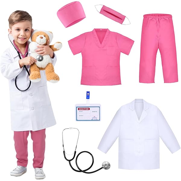 ANPHILE Kids Dentist Costume For Girls & Boys 6-8 Years - Pink, Includes Working Stethoscope, Halloween Career Day Play