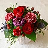 フラワー ギフト 誕生日 アレンジメント レッド 赤系 誕生日お祝いに 季節のお花を使った生花 フラワーアレンジメント Happy birthday ピック付