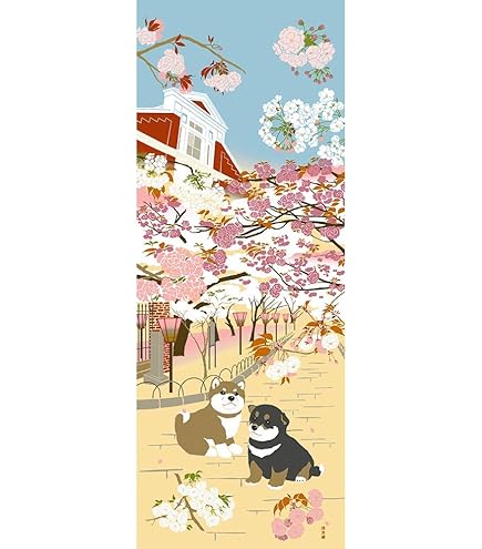 絵てぬぐいタペストリー１２枚　春の知らせ、舞桜と豆柴、鯉の滝登り、微笑み地蔵・・ Amazon｜濱文様 絵てぬぐい 舞桜と豆柴｜フェイスタオル - ホーム
