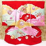 【雲どりに毬・紗綾型綸子地紋様・赤】女児　初着　祝着 のしめ 産着女の子のお宮参り着物　高級フードセットプレゼント付