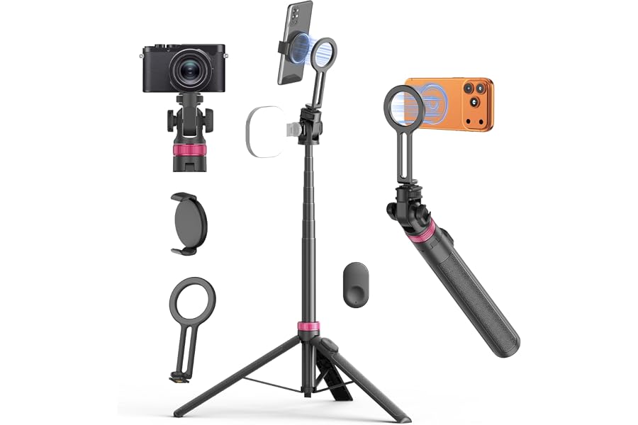 175cm Magnetic Phone Tripod for All Smartphones Selfie Stick for Magsafe | Tripod with Phone Clamp/Remote/Phone Holder, Porta
