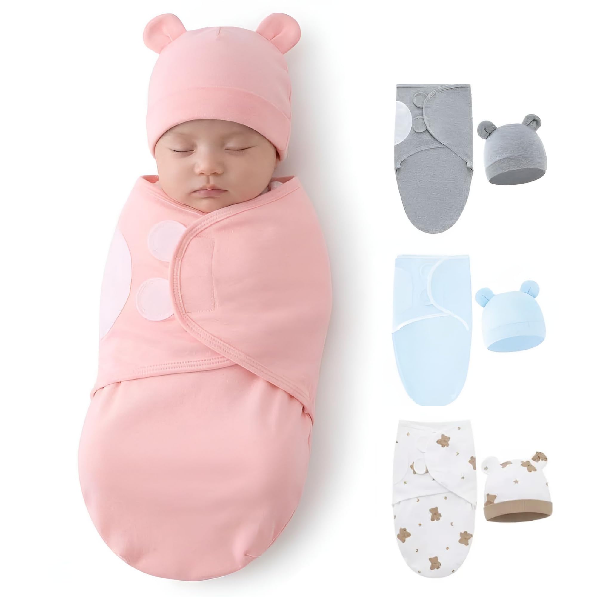 ベビー おくるみ スワドル くま耳帽子 2点セット 新生児 赤ちゃん 天然コットンコットン100% 面ファスナー 簡単着脱 ねんねタイム 出産祝い、ピンク