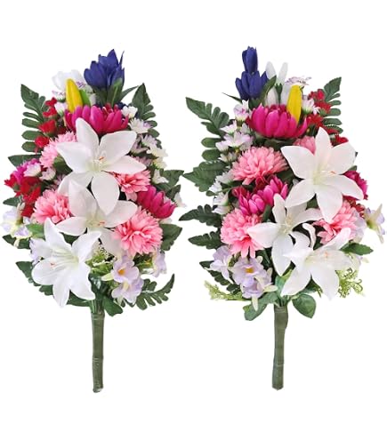 Amazon｜ユリ ダリア 菊 しきみ(樒)付き 造花 2束 固定具付き 造花 仏