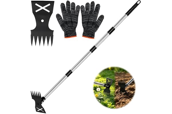 HeGeed 草取り道具 2-in-1 立ったまま 除草レーキ 長さ調節可能 41cm〜147cm マンガン鋼6本爪 ステンレス柄付 草削り二合一手持ち式園芸鍬 庭園用、芝生、家庭菜園、畑、あぜ 道 、土壌耕作、掘り起こし道具、 草むしり、雑草抜き、