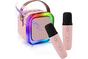 SUIJIEEN Karaoke Machine Bluetooth Portable Speaker with 2 Wireless Microphones LED Lights Birthday Gifts for Kids Adults Ages 4-12 Family Party（Pink）