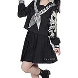 [ニャンコ] の爪 バービーの竜 セーラー服 長袖 黒 男 女 ロングスカート コスプレ 制服 不良少女 竜 刺繍 スカーフ付き 4点セット コスプレ衣装 女子高校生 4XL