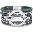 KSQS Multi-Layer Leather Wrap Cuff Bracelet, Boho Wide Braided Buckle Bracelets for Women, Waterproof Leather Wristband Bangl