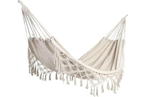 ハンモック、クラシックな手作りオーガニックコットンハンモックマクラメフリンジツリーハンモックキャンプ用屋外ポーチ屋内用ロッキングベッド