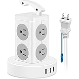 FDTEK タワー電源タップ 2層縦コンセント 8AC充電口(100-125V)+3USBポート(最大3.4A/5V)雷ガード 過負荷保護 省エネ 延長コード2m オフィス/家庭給電用(ホワイト)
