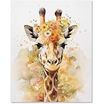 Amazon.co.jp: 絵画 花をかぶったキリンインテリア 絵画 水彩画