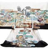 【紋入れ付き】【お宮参り着物】【白地に裾黒系 鷹に吉祥柄と松竹の柄】男の子 正絹 友禅 金駒刺繍【風呂敷プレゼント/ギフト対応】