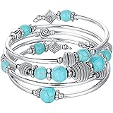 PEARL&CLUB Beaded Chakra Bangle Turquoise Bracelet - Fashion Jewelry Wrap Bracelet with Thick Silver Metal and Mala Beads, Bi