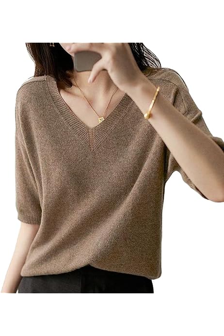 Amazon | [Bidason] ニット レディース 五分袖 Vネック サマーニット  
