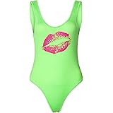 Smile Fish Women's 80s Costumes Lips Printed Neon Retro Scoop-Neck Thong Bodysuits