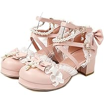 リボン付き✭ロリータヒール★8cmデートにぴったり女子会コーデ ストラップパンプス リボン フリル 5cmヒール お嬢様 ローヒール