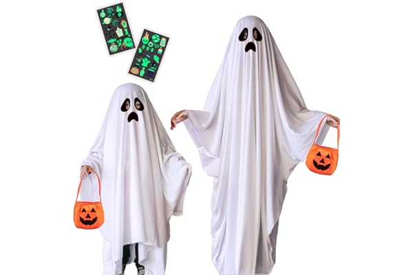 [Buoniganuo] ハロウィン コスプレ 子供 おばけ 幽霊 マント 仮装 衣装【4点セット マント 蓄光タトゥーシール パンプキン手提げバッグ】キッズ コスチューム 悪魔 魔女 吸血鬼 仮装 クリスマス 文化祭 部活 演出服 パーティー用 親子服 家族 大人 キッズ 女の子 男の子