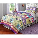 3個入り子供用女の子ピンクレッドパープルイエローグリーンフルクイーンキルトセット、マイクロファイバー、花柄テーマ寝具花明るいデイジーパッチワークキュート愛らしいStylish Fun Sweet Pr