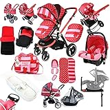 i-Safe System - Bow Dots Trio Travel System Pram & Luxury Stroller 3 in 1 Complete With Car Seat, Ba