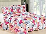 FT Home Fashion Girl's Hot Pink Cute Heart Print 100-Percent Cotton Queen Size Coverlet Set, 3 Piece