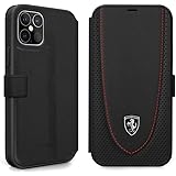 エアージェイ Ferrari フェラーリ 公式ライセンス品 iPhone12ProMax (6.7インチ,ブラック) 手帳型ケース 本革 パンチングレザー ブックタイプ ビジネス かっこいい ブランド メタルエンブレム 6.7インチ [アイフォン12