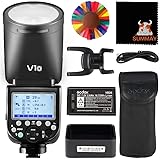 GODOX V1Oラウンドヘッドカメラフラッシュスピードライト10レベルLEDモデリングランプ76Ws TTL 1 / 8000s HSS 1.5sリサイクル時間480フルパワー2600mahパナソニック/オリンパスカメラと互換性のある充電式バッテリ